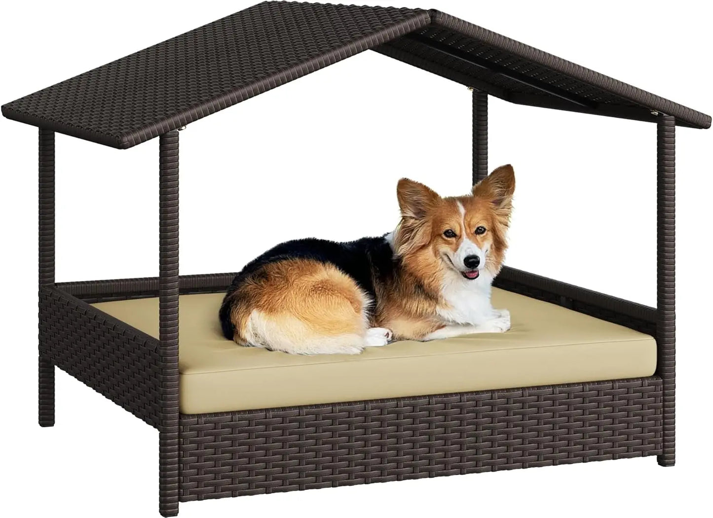 Wicker Dog House Outdoor Indoor Canopy Elevated Dog Shelter Bed with Cushion for Small Medium Dogs Shade for Deck Patio Yard Pool Brown House Khaki Cushion