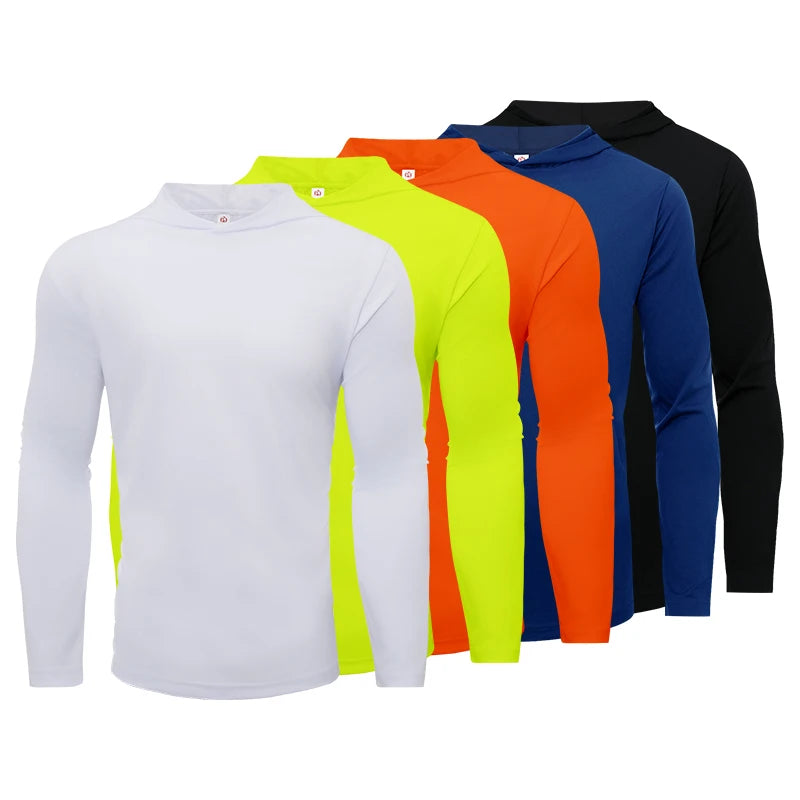Men's Five Piece Sports Long Sleeved Hooded T Shirt Breathable Solid Color Shirt for Running and Fitness