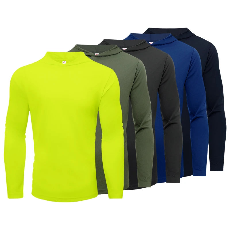 Men's Five Piece Sports Long Sleeved Hooded T Shirt Breathable Solid Color Shirt for Running and Fitness