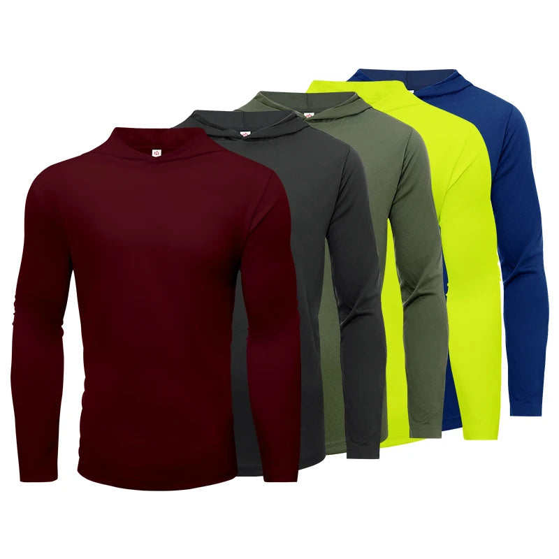 Men's Five Piece Sports Long Sleeved Hooded T Shirt Breathable Solid Color Shirt for Running and Fitness