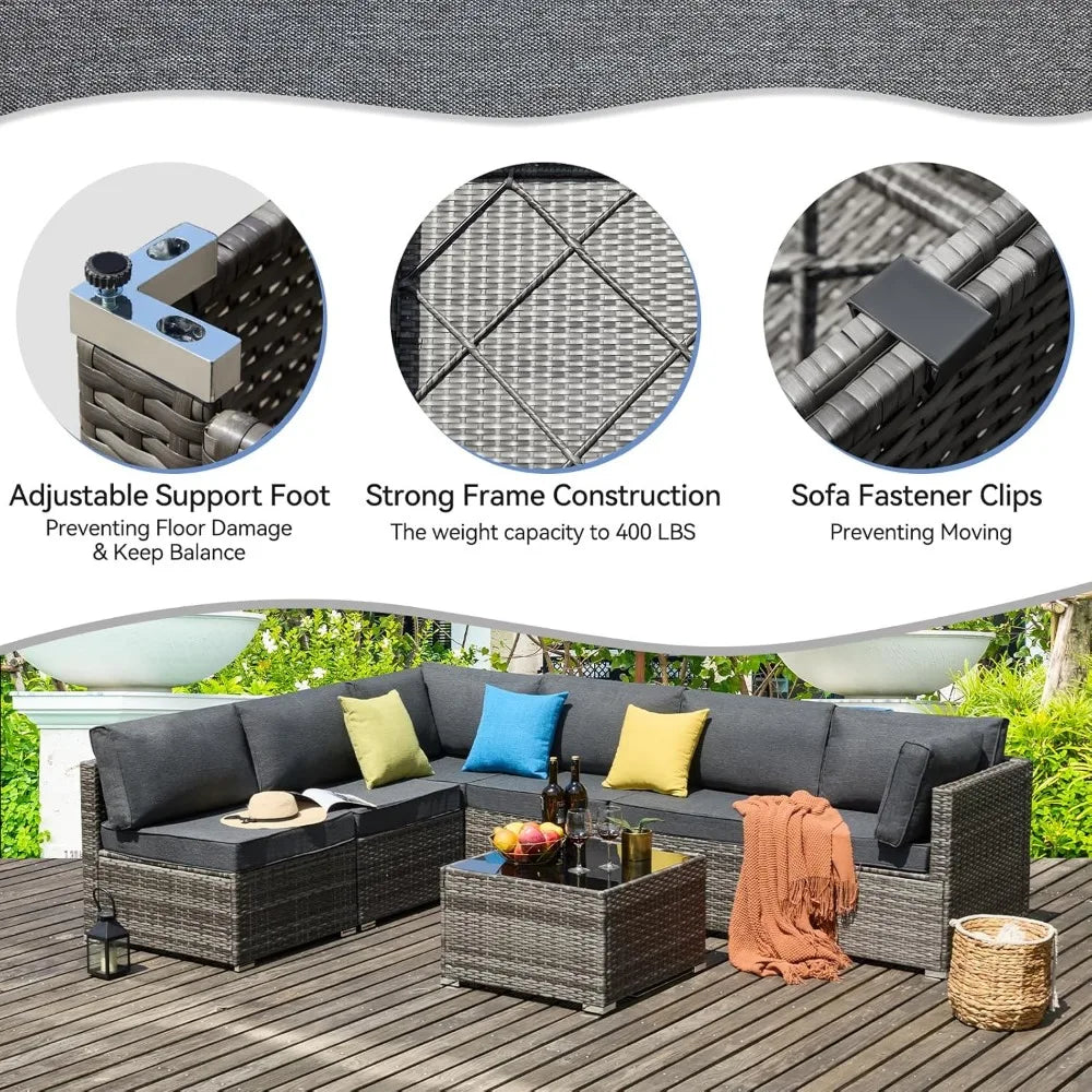 7 Pieces Outdoor Sectional Furniture, Patio Furniture Sets w/Cushions and Coffee Table, All Weather Wicker Outdoor Patio Convers