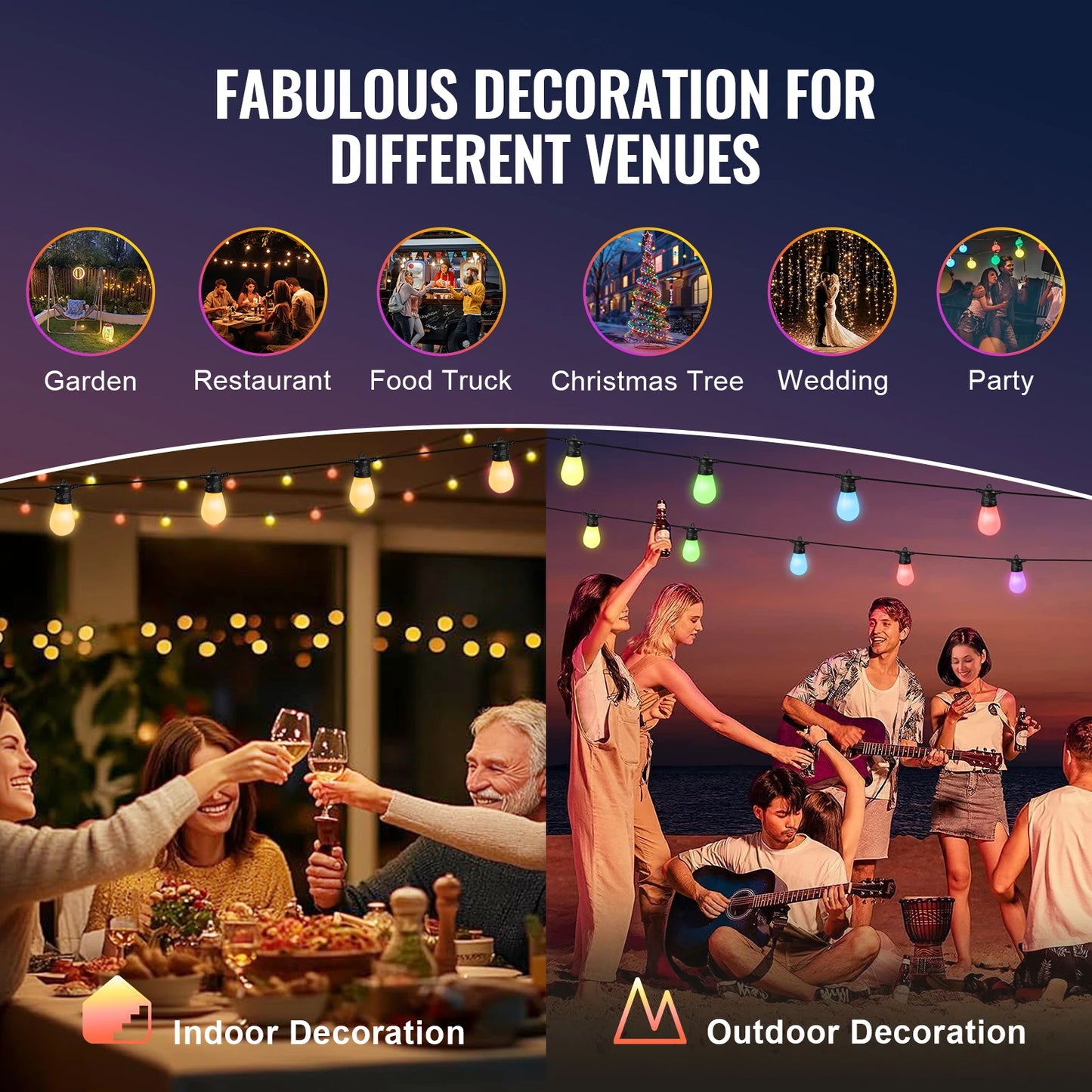 VEVOR RGB Outdoor String Lights with APP Control 15 Single-Color Adjustable Brightness Time Setting Waterproof Hanging Lights