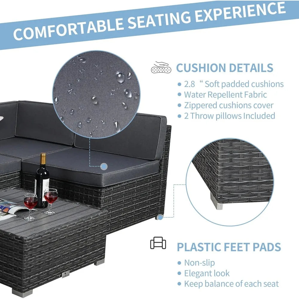 7 Piece Outdoor Patio Furniture Set with Cushions, PE Rattan Wicker Modular Outdoor Sectional L Shape Patio Conversation Sofa Se