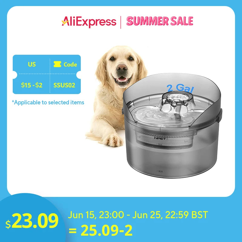 NPET Dog Water Fountain 2 Gallon Large Automatic Dog Water Dispenser with Splatter Guard for Large Dogs and Multiple Pets