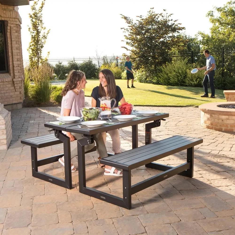 Modern Products Brown Wood Grain Convertible Patio Benches, Outdoor Wooden Picnic Table Garden Bench