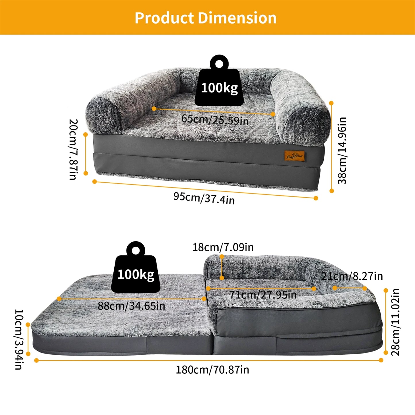 180cm Long Dog Bed for Adults and Pets Foldable Calming Plush Cover Orthopedic Sponge Base