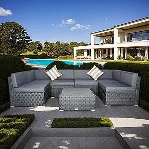 7 Piece Outdoor Patio Furniture Set with Cushions, PE Rattan Wicker Modular Outdoor Sectional L Shape Patio Conversation Sofa Se