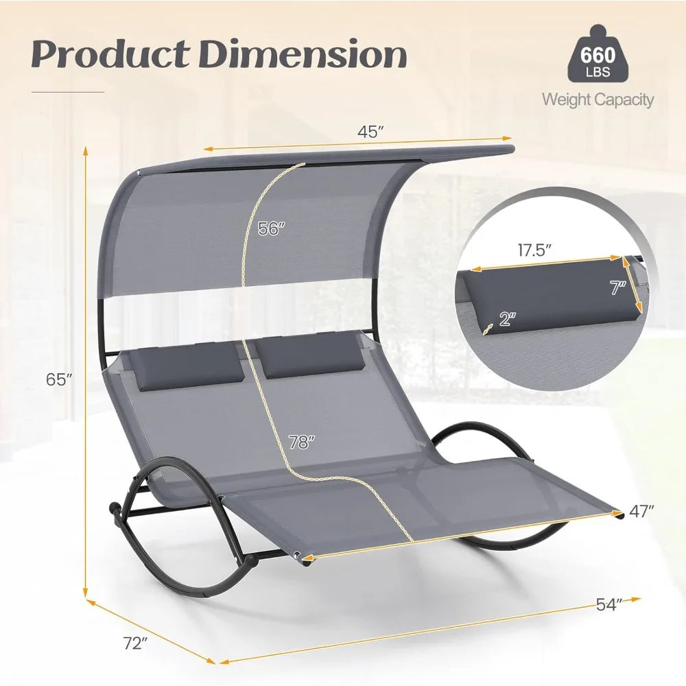 Outdoor Chaise Lounge Rocker, 2-Person Rocking Daybed Sun Lounger with Sun Shade Canopy & Headrest Pillows, Hammock