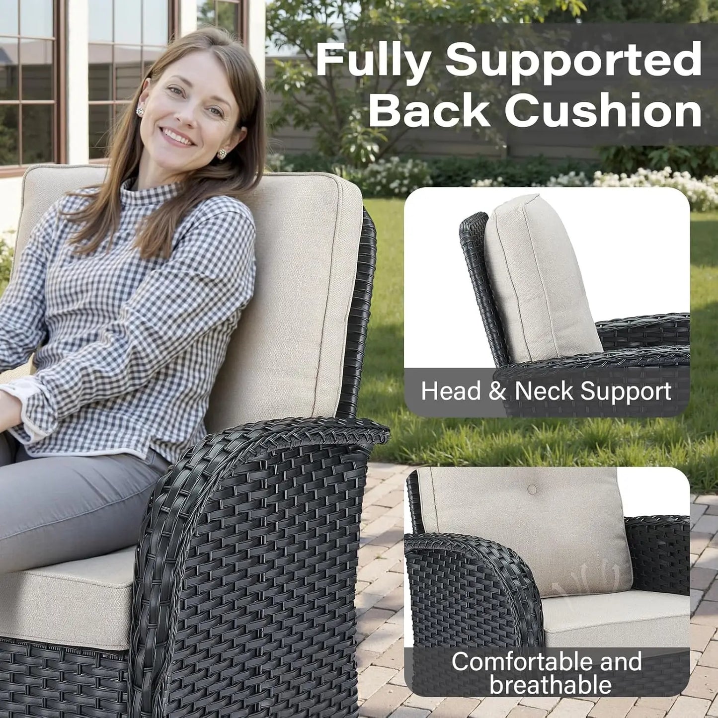 5 Piece Swivel Rocker Glider Outdoor Chairs Set of 2 with Ottoman and Glass Side Table Patio Bistro Furniture Set, Comfort High