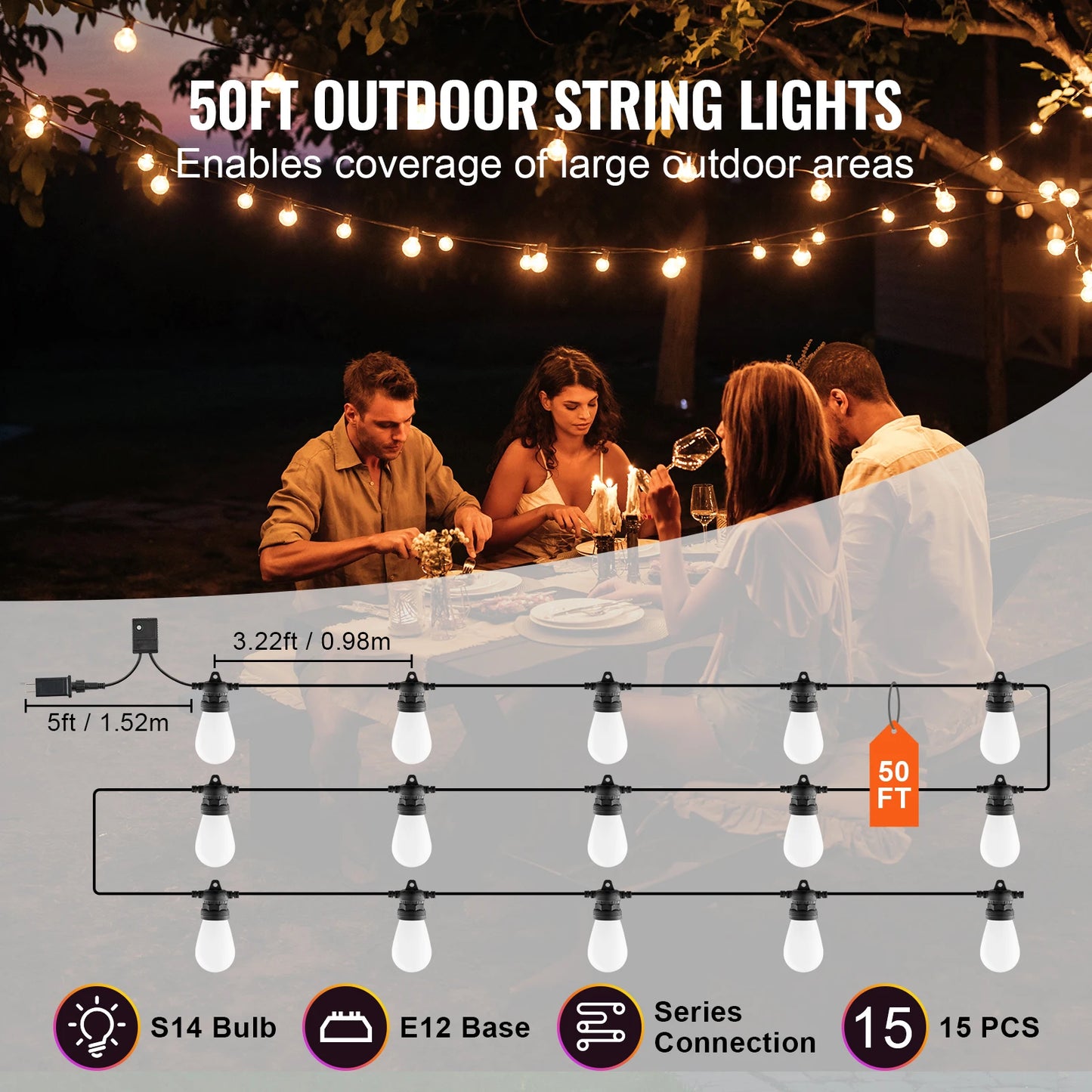VEVOR RGB Outdoor String Lights with APP Control 15 Single-Color Adjustable Brightness Time Setting Waterproof Hanging Lights