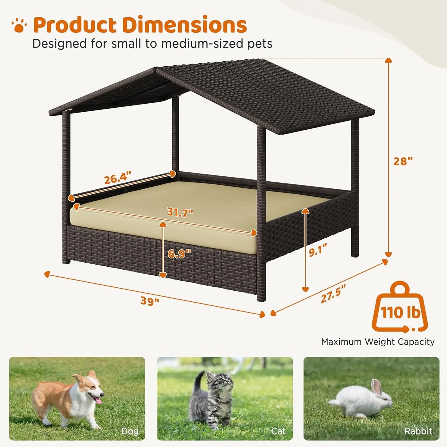 Wicker Dog House Outdoor Indoor Canopy Elevated Dog Shelter Bed with Cushion for Small Medium Dogs Shade for Deck Patio Yard Pool Brown House Khaki Cushion