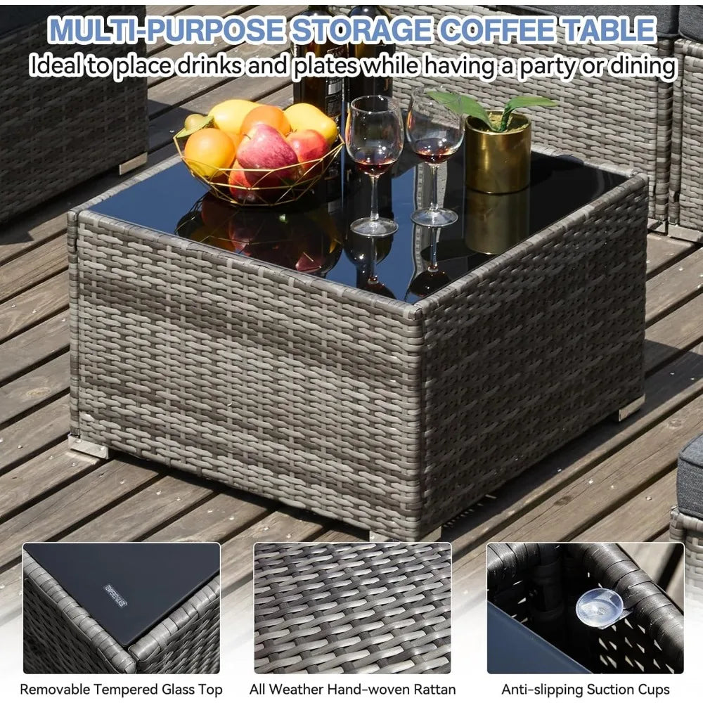 7 Pieces Outdoor Sectional Furniture, Patio Furniture Sets w/Cushions and Coffee Table, All Weather Wicker Outdoor Patio Convers