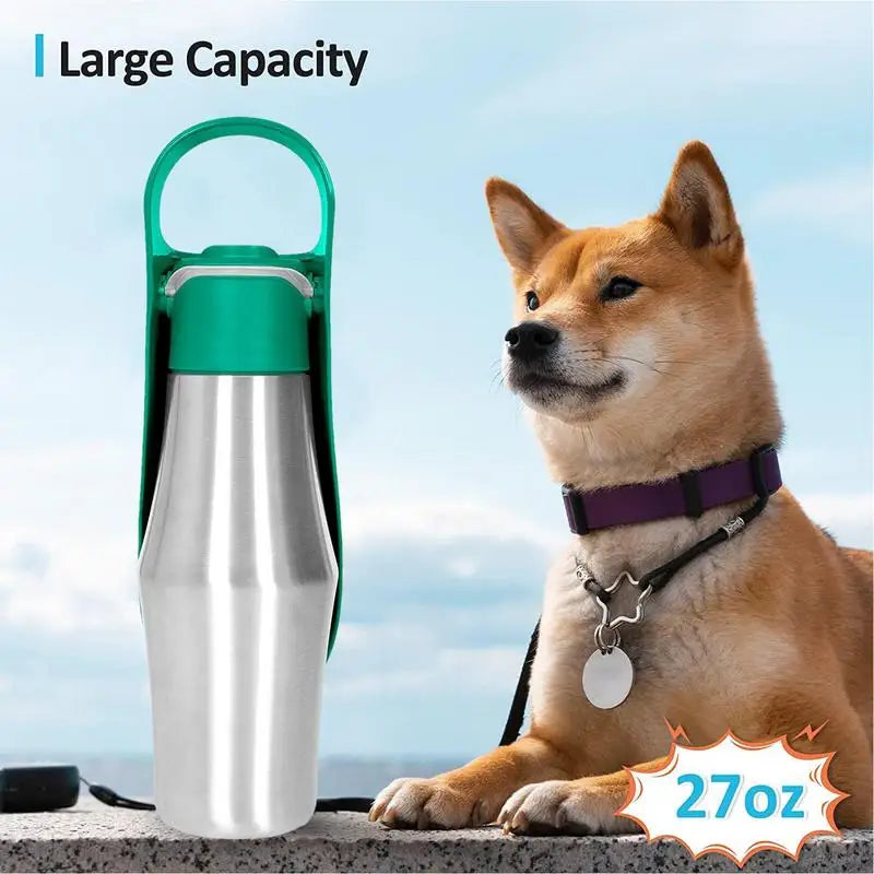 Dog Water Bottle 27 Ounce Stainless Steel Travel Dispenser Pet Accessories Two In One Dog Water Bowl For Travel Outings Camping