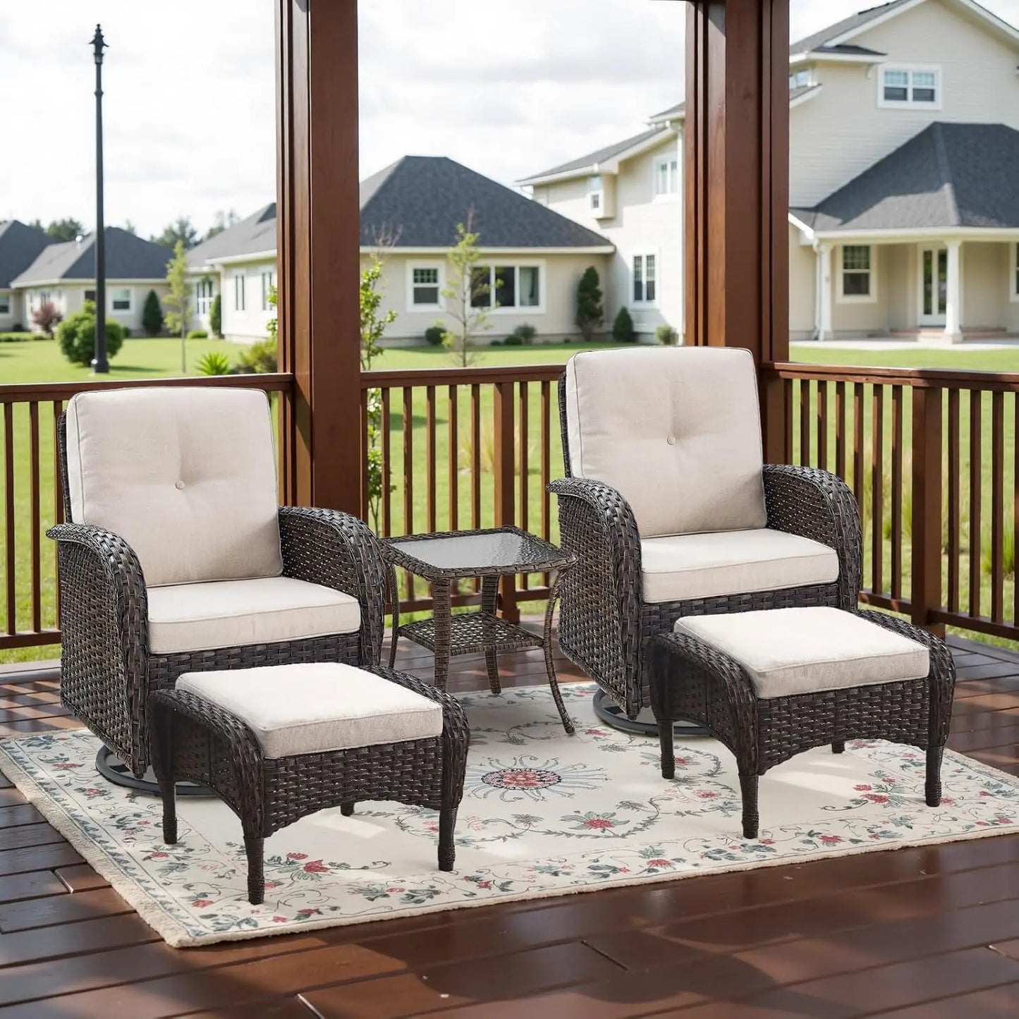 5 Piece Swivel Rocker Glider Outdoor Chairs Set of 2 with Ottoman and Glass Side Table Patio Bistro Furniture Set, Comfort High