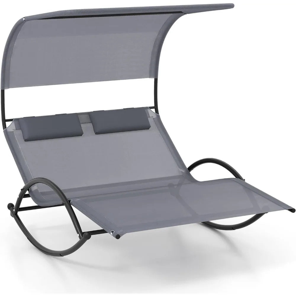 Outdoor Chaise Lounge Rocker, 2-Person Rocking Daybed Sun Lounger with Sun Shade Canopy & Headrest Pillows, Hammock