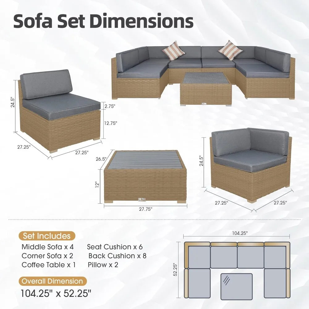 7 Piece Outdoor Patio Furniture Set with Cushions, PE Rattan Wicker Modular Outdoor Sectional L Shape Patio Conversation Sofa Se