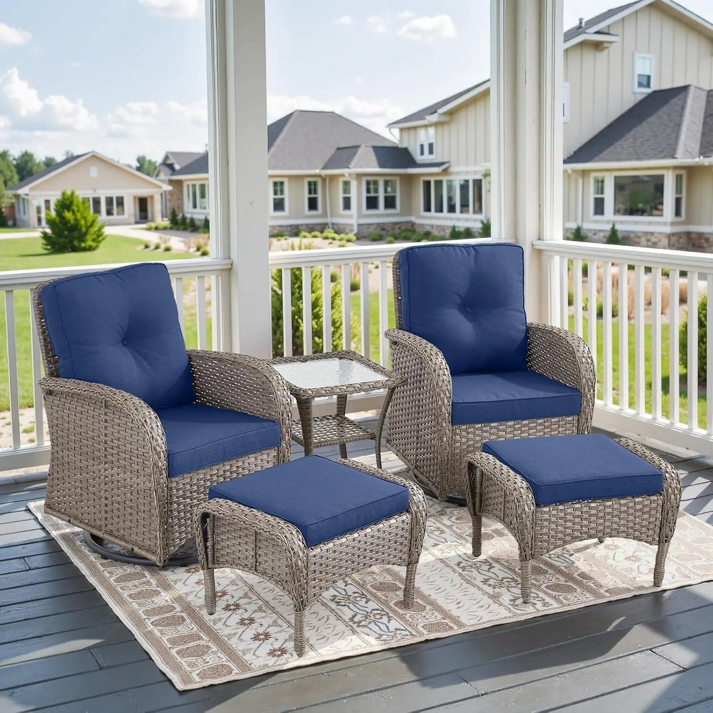 5 Piece Swivel Rocker Glider Outdoor Chairs Set of 2 with Ottoman and Glass Side Table Patio Bistro Furniture Set, Comfort High