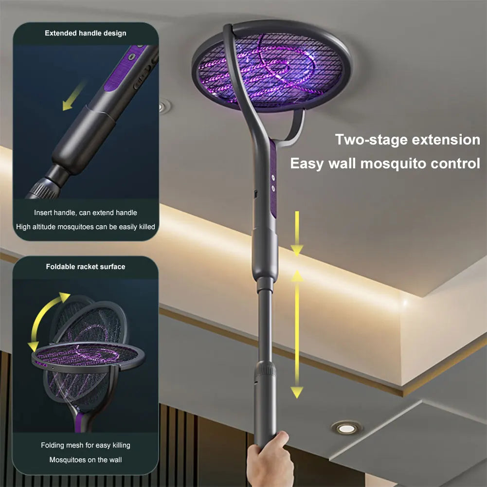 Rotating Head Bug Zapper Racket Rechargeable Mosquito Swatter 2 in 1 Fly Killer and Mosquito Trap Lamp