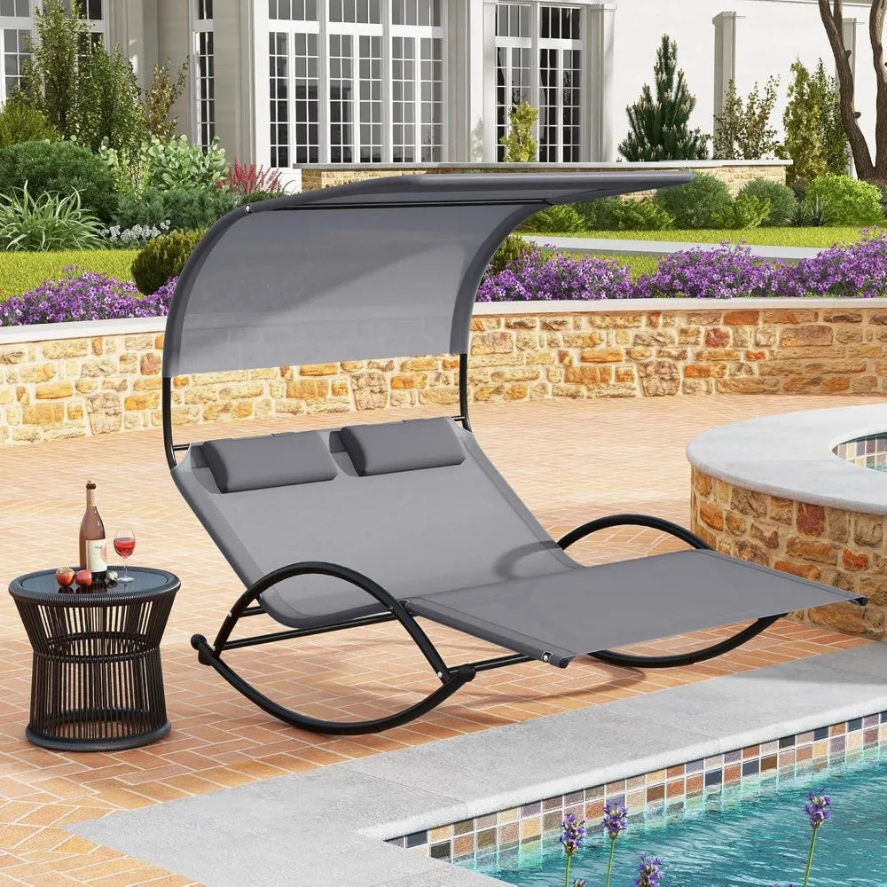 Outdoor Chaise Lounge Rocker, 2-Person Rocking Daybed Sun Lounger with Sun Shade Canopy & Headrest Pillows, Hammock