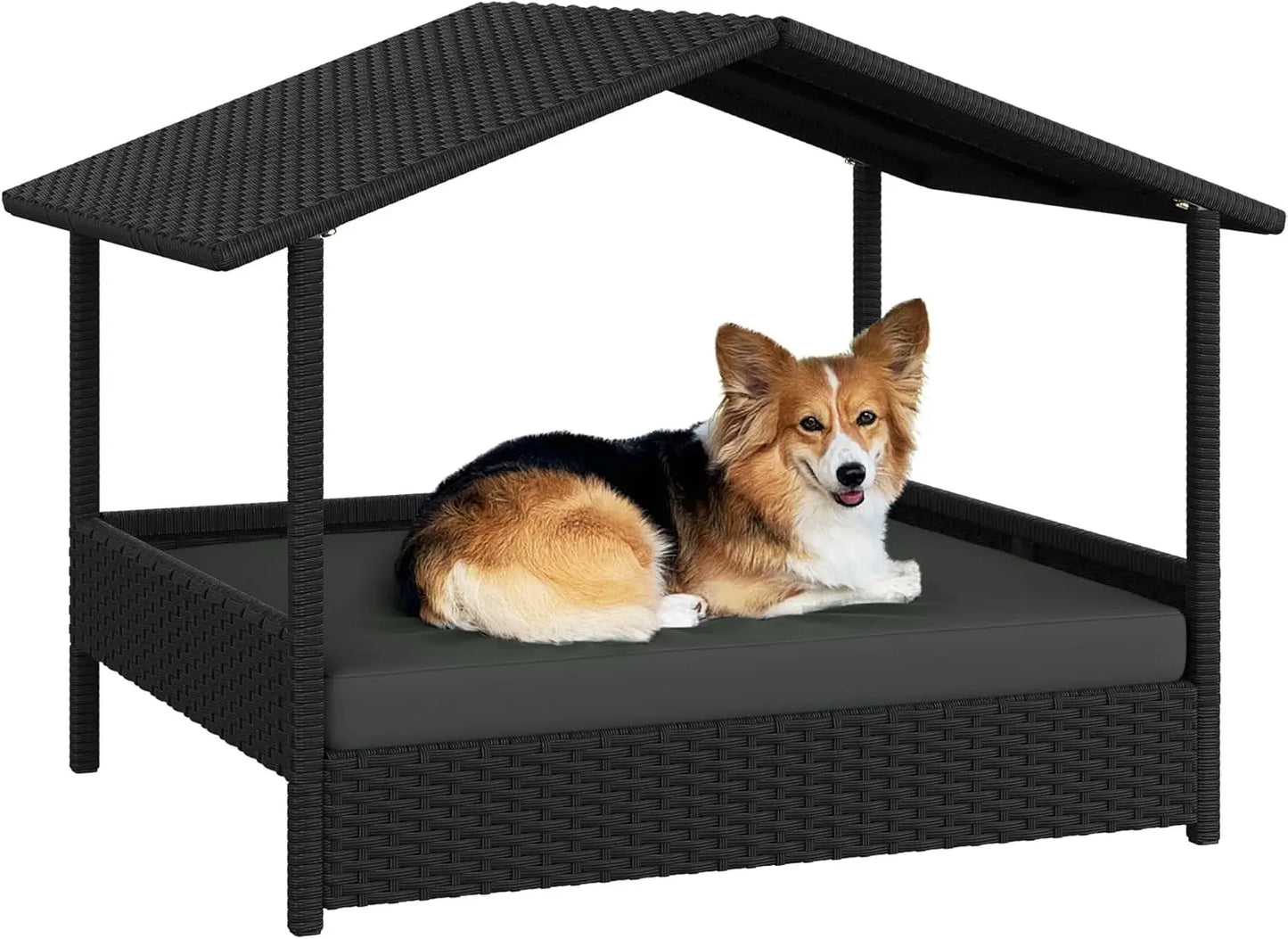 Wicker Dog House Outdoor Indoor Canopy Elevated Dog Shelter Bed with Cushion for Small Medium Dogs Shade for Deck Patio Yard Pool Brown House Khaki Cushion