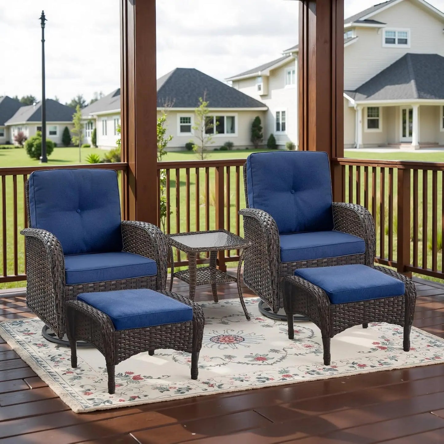 5 Piece Swivel Rocker Glider Outdoor Chairs Set of 2 with Ottoman and Glass Side Table Patio Bistro Furniture Set, Comfort High
