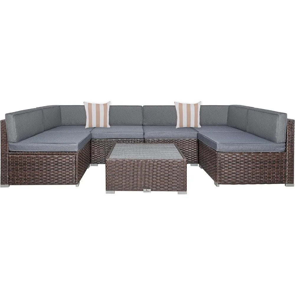 7 Piece Outdoor Patio Furniture Set with Cushions, PE Rattan Wicker Modular Outdoor Sectional L Shape Patio Conversation Sofa Se