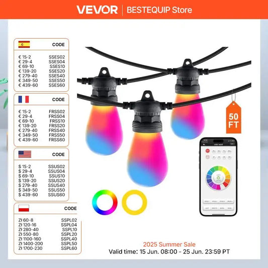 VEVOR RGB Outdoor String Lights with APP Control 15 Single-Color Adjustable Brightness Time Setting Waterproof Hanging Lights