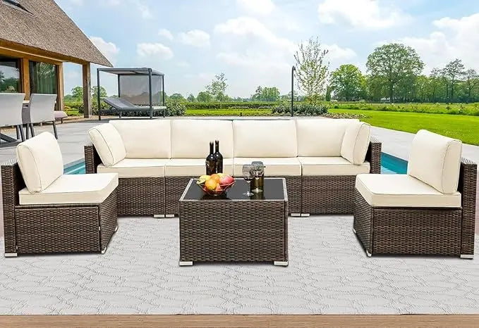 7 Pieces Outdoor Sectional Furniture, Patio Furniture Sets w/Cushions and Coffee Table, All Weather Wicker Outdoor Patio Convers