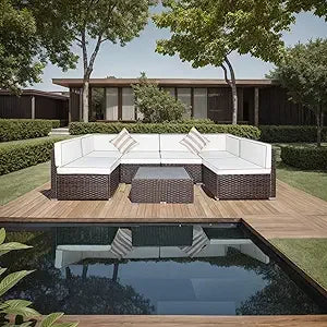 7 Piece Outdoor Patio Furniture Set with Cushions, PE Rattan Wicker Modular Outdoor Sectional L Shape Patio Conversation Sofa Se