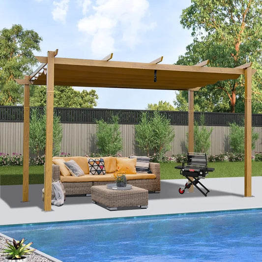 10' x 13' Outdoor Retractable Pergola, Gazebo Modern Grape Trellis Pergola with Sun Shade Canopy, Patio Aluminum Shelter