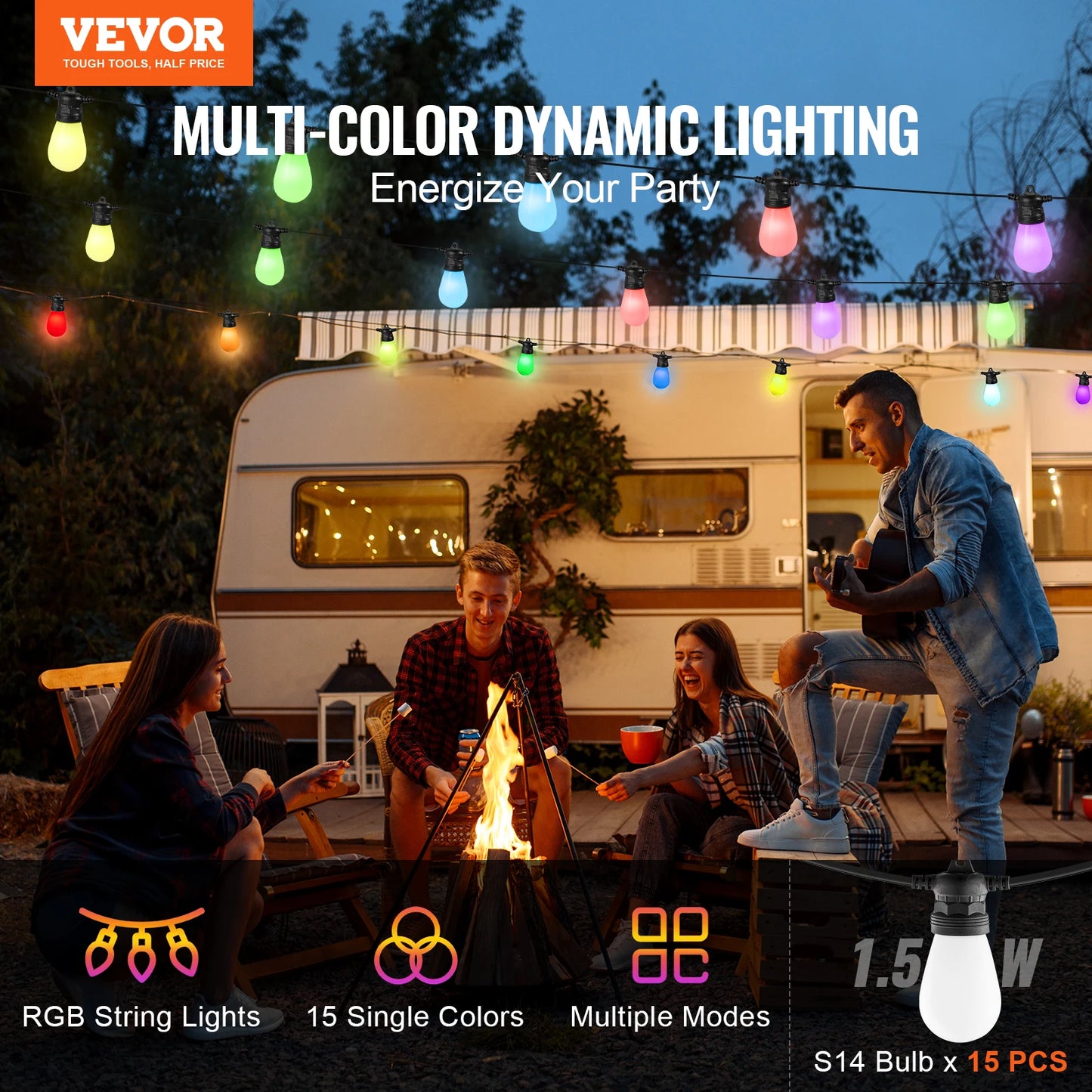 VEVOR RGB Outdoor String Lights with APP Control 15 Single-Color Adjustable Brightness Time Setting Waterproof Hanging Lights