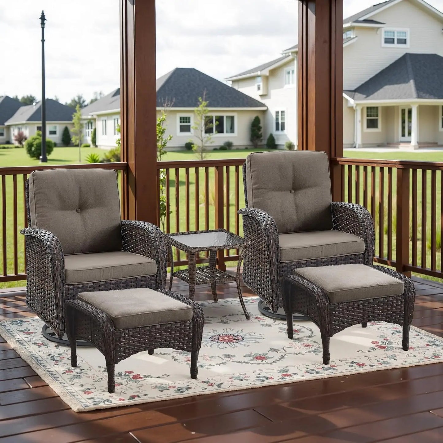 5 Piece Swivel Rocker Glider Outdoor Chairs Set of 2 with Ottoman and Glass Side Table Patio Bistro Furniture Set, Comfort High