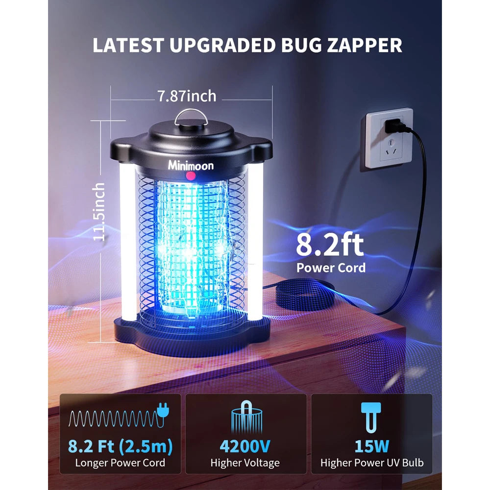 Minimoon Bug Zapper Outdoor Mosquito Zapper with Dual LED Light 4200V Electric Fly Trap 15W IPX4 Insect Trap
