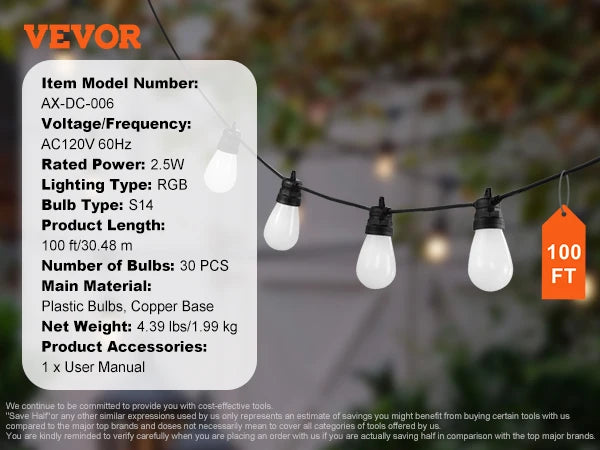 VEVOR RGB Outdoor String Lights with APP Control 15 Single-Color Adjustable Brightness Time Setting Waterproof Hanging Lights