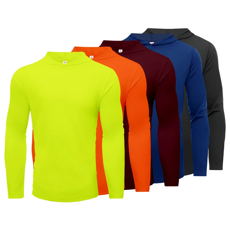 Men's Five Piece Sports Long Sleeved Hooded T Shirt Breathable Solid Color Shirt for Running and Fitness