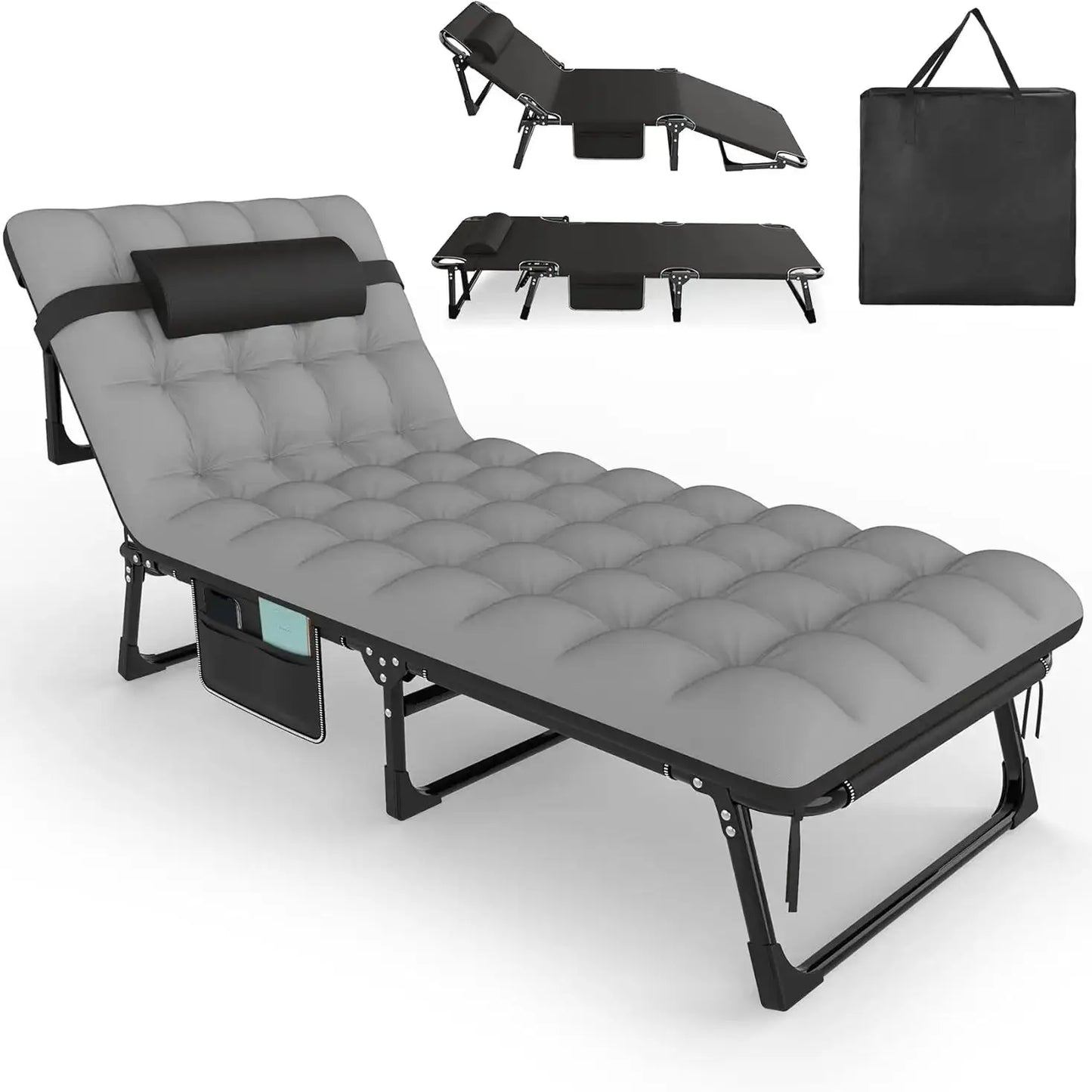 Folding Camping Cot for Adults, 5 Positions Adjustable Outdoor Cot Bed, Lounge Chair Cot, Travel Camp Cots with Mattress