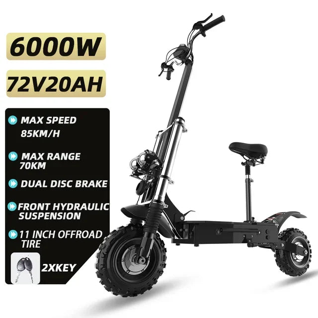 Powerful Electric Scooter Seat 85KM/H Max Speed 6000W MAX E Scooter 11" Off Road Tire Scooter Electric Adult EU USA CA Stock
