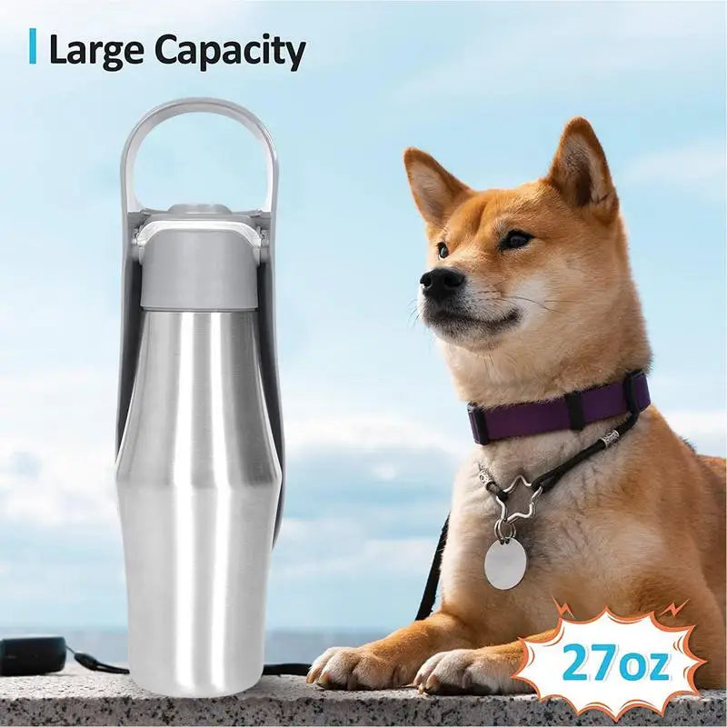 Dog Water Bottle 27 Ounce Stainless Steel Travel Dispenser Pet Accessories Two In One Dog Water Bowl For Travel Outings Camping