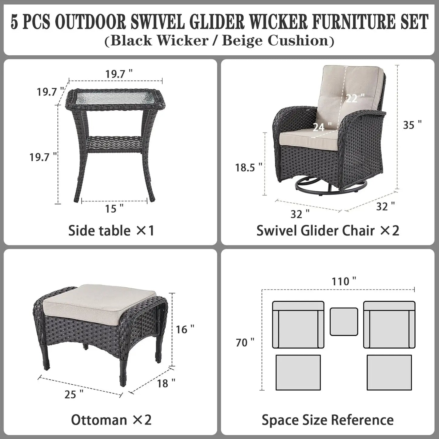 5 Piece Swivel Rocker Glider Outdoor Chairs Set of 2 with Ottoman and Glass Side Table Patio Bistro Furniture Set, Comfort High