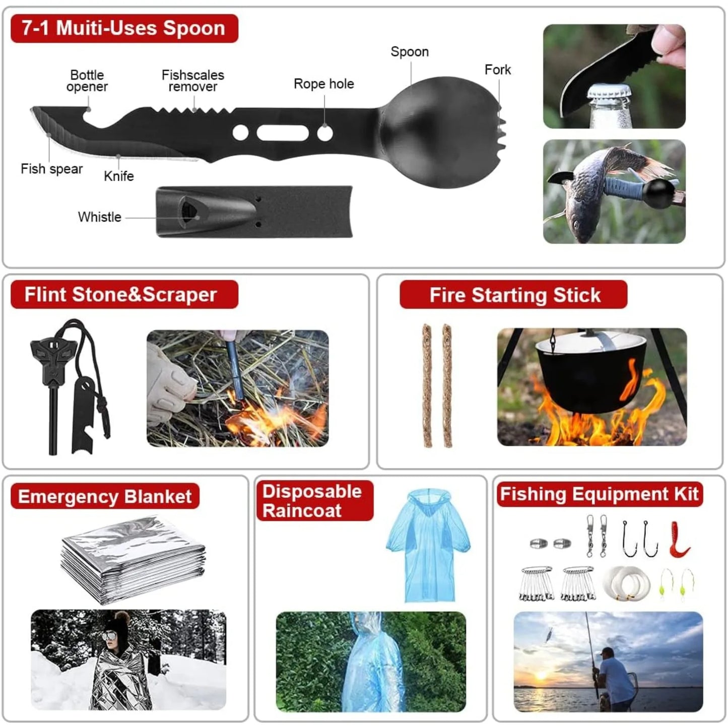 Survival Kit 222 Pieces Emergency Survival Equipment First Aid Kit Compatible Bag Outdoor Camping Equipment Hunting