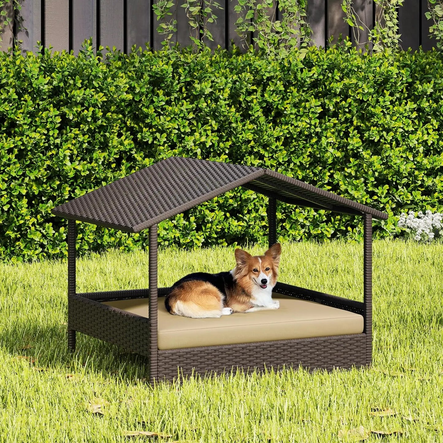 Wicker Dog House Outdoor Indoor Canopy Elevated Dog Shelter Bed with Cushion for Small Medium Dogs Shade for Deck Patio Yard Pool Brown House Khaki Cushion