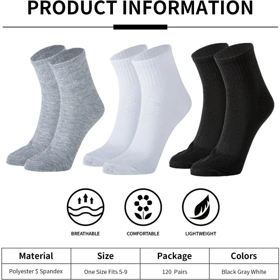 120 Pairs Mens Quarter Ankle Socks Athletic Moisture Wicking Casual Sports Socks Bulk Pack Unisex for Men and Women