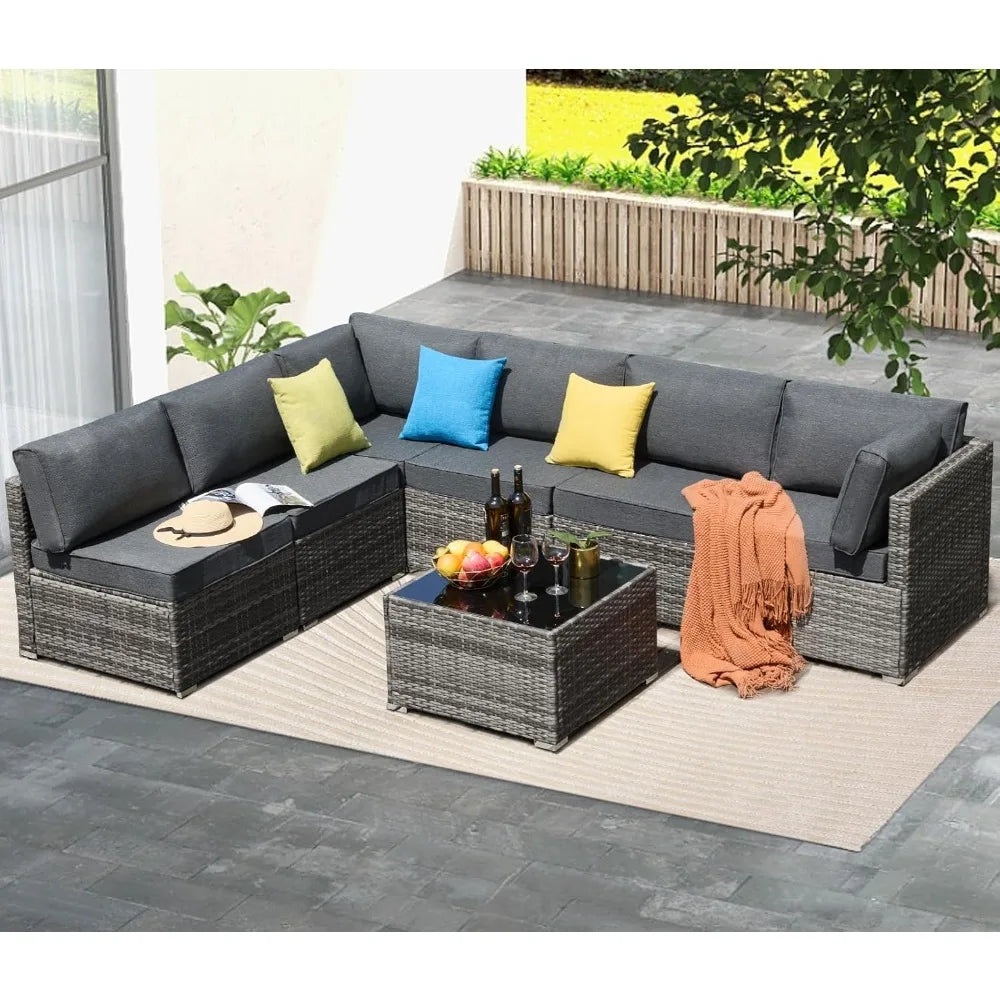 7 Pieces Outdoor Sectional Furniture, Patio Furniture Sets w/Cushions and Coffee Table, All Weather Wicker Outdoor Patio Convers