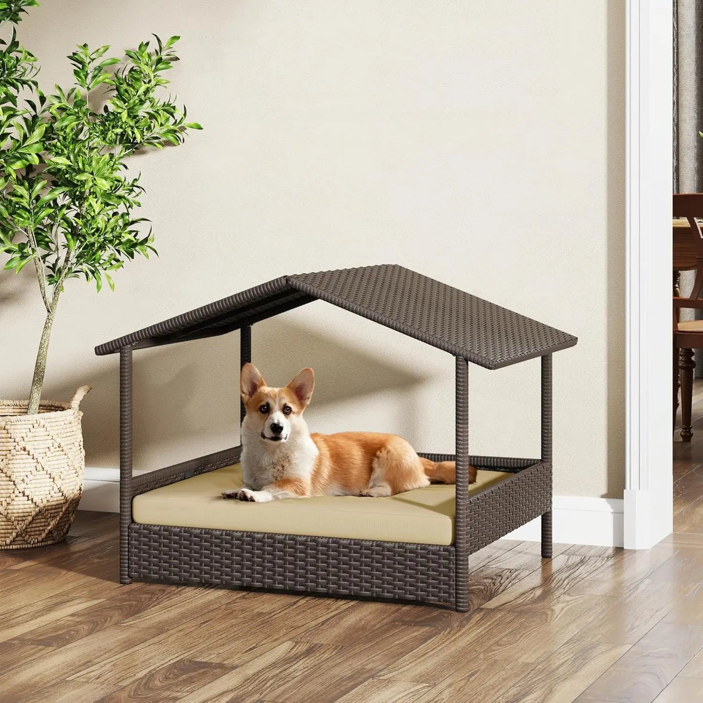 Wicker Dog House Outdoor Indoor Canopy Elevated Dog Shelter Bed with Cushion for Small Medium Dogs Shade for Deck Patio Yard Pool Brown House Khaki Cushion