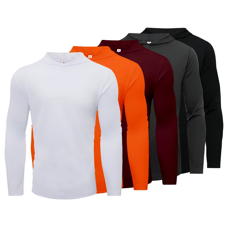 Men's Five Piece Sports Long Sleeved Hooded T Shirt Breathable Solid Color Shirt for Running and Fitness