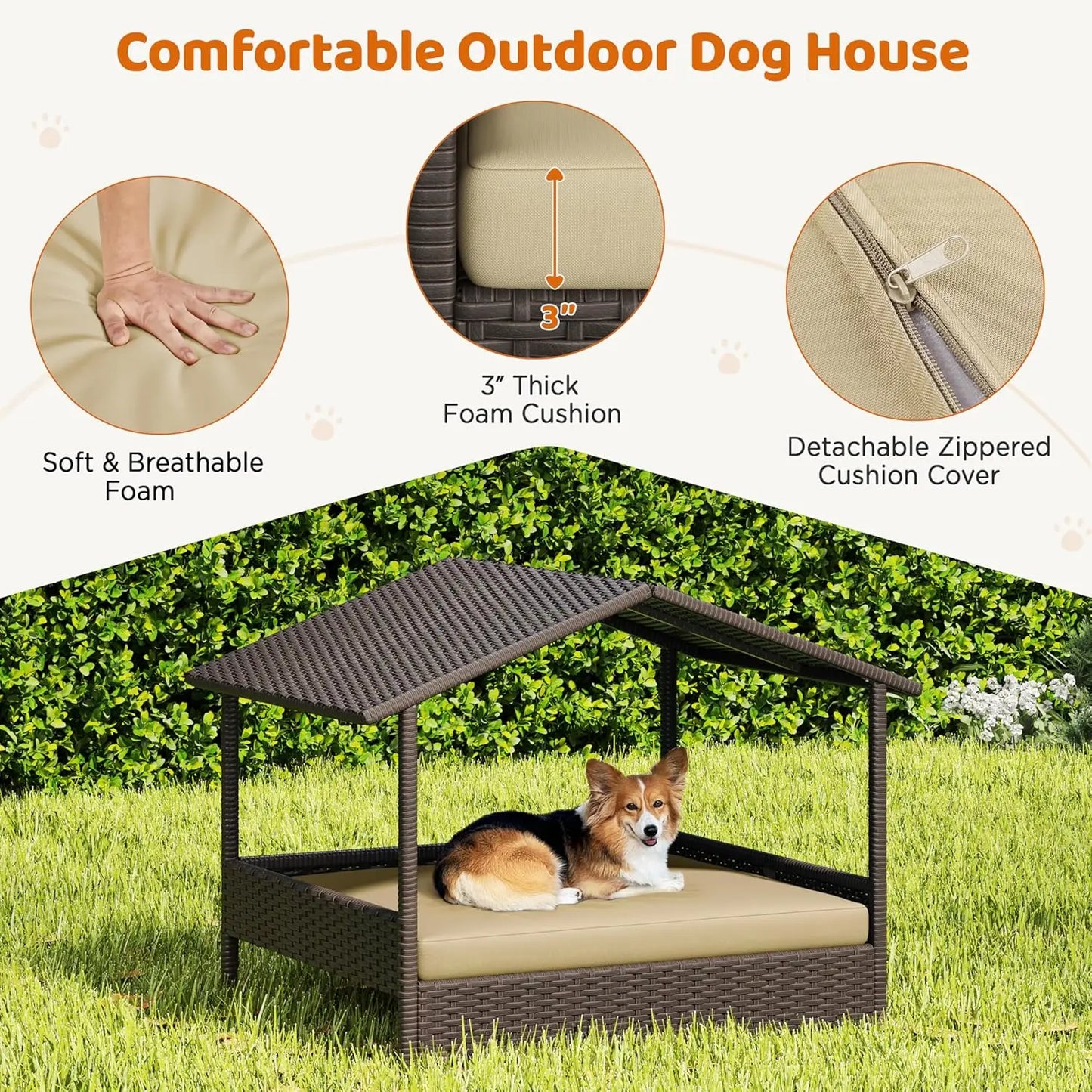 Wicker Dog House Outdoor Indoor Canopy Elevated Dog Shelter Bed with Cushion for Small Medium Dogs Shade for Deck Patio Yard Pool Brown House Khaki Cushion