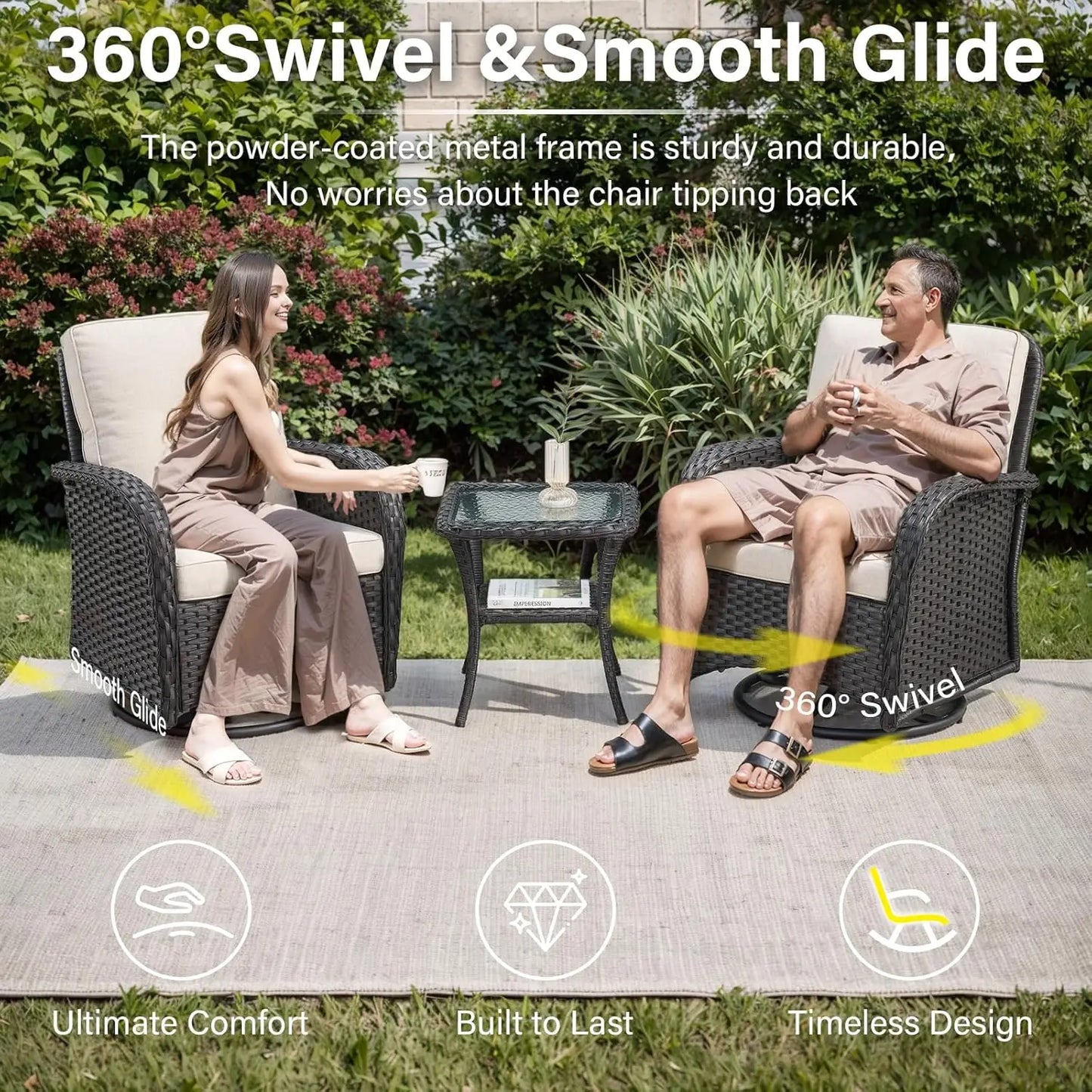5 Piece Swivel Rocker Glider Outdoor Chairs Set of 2 with Ottoman and Glass Side Table Patio Bistro Furniture Set, Comfort High