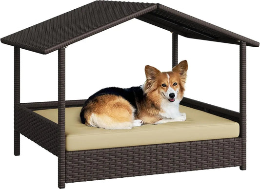 Wicker Dog House Outdoor Indoor Canopy Elevated Dog Shelter Bed with Cushion for Small Medium Dogs Shade for Deck Patio Yard Pool Brown House Khaki Cushion