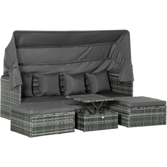 4 Piece Patio Furniture Set with Cushions, PE Rattan Daybed with Retractable Canopy, Outdoor Sectional Sofa Set with Adjustable