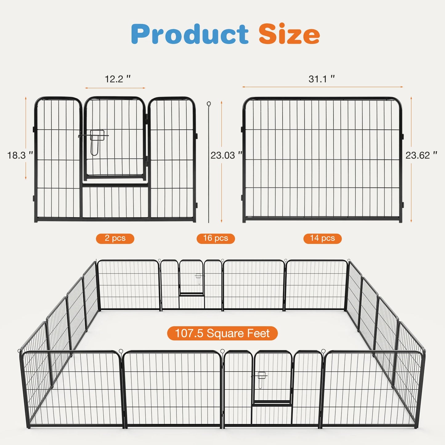 JHK 16 Panel Dog Playpen Indoor Pet Fence Heavy Duty Metal Dog Pen for Outdoor and Camping Use